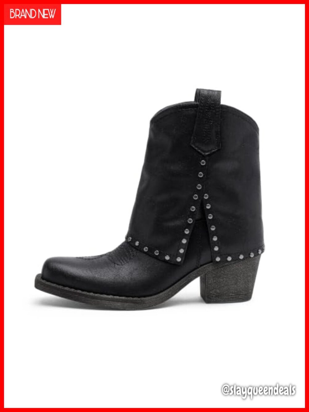 Western Studded Ankle Boots Square Toe Low Block Heel Slouch Pull-On